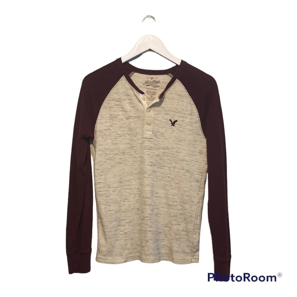 American Eagle Men’s Tan & Maroon Long sleeve Thermal | Size XS